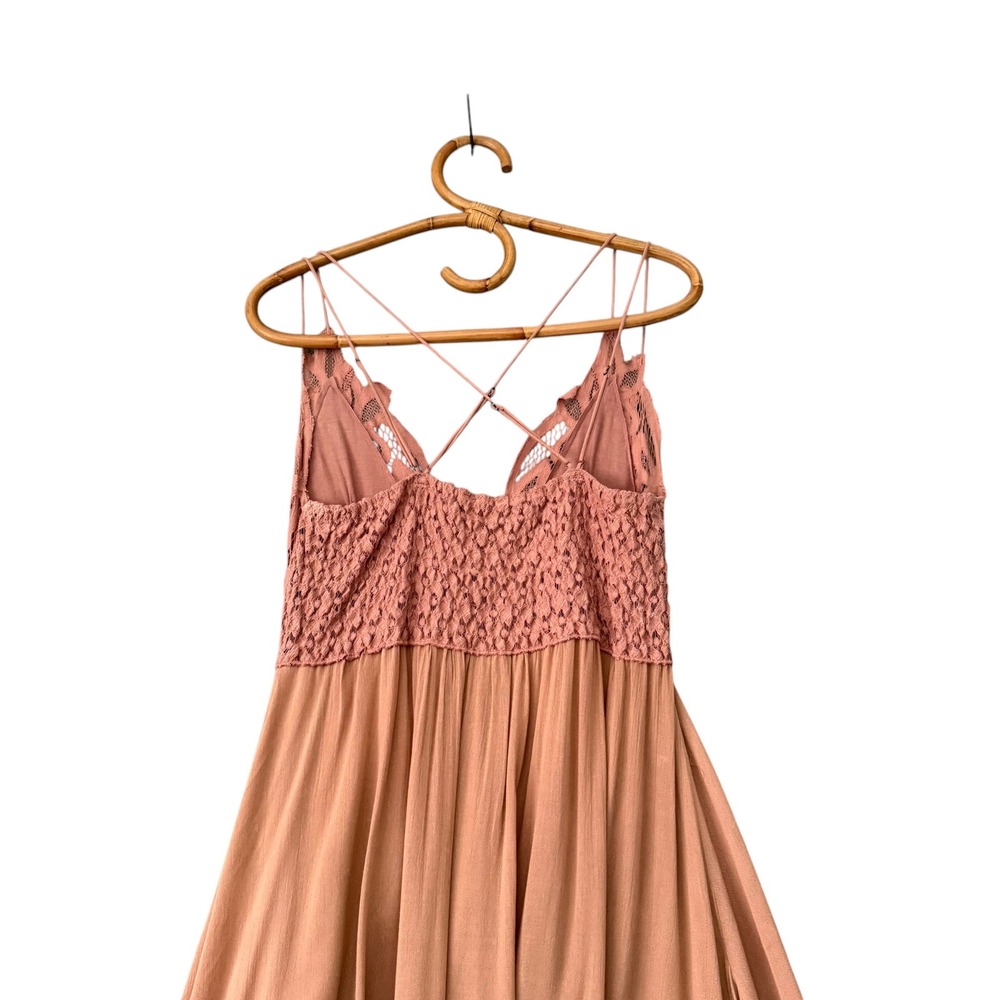Free People One | Adella Slip Dress Rose Pink Boho Lace Mini Size L - Picture 8 of 15